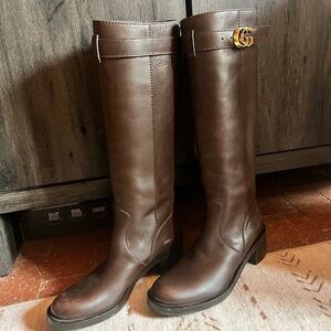 Gucci Brown Leather Knee-High Riding Boots with Gold GG Accent